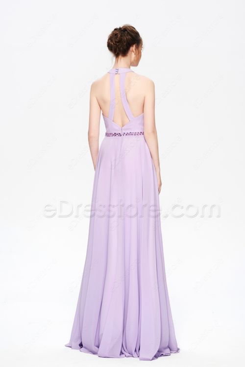 Lavender Beaded Halter Backless Long Prom Dresses