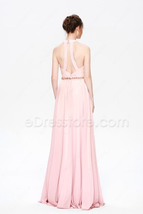 Light Pink Backless Long Prom Dresses