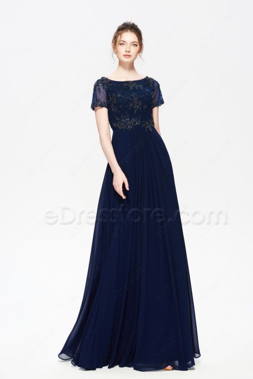 Navy Blue Modest Bridesmaid Dresses with Sleeves Maid of Honor Dress
