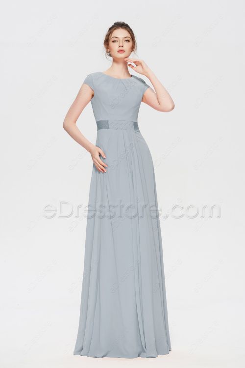 Modest Dusty Blue Prom Dresses Long with Cap Sleeves