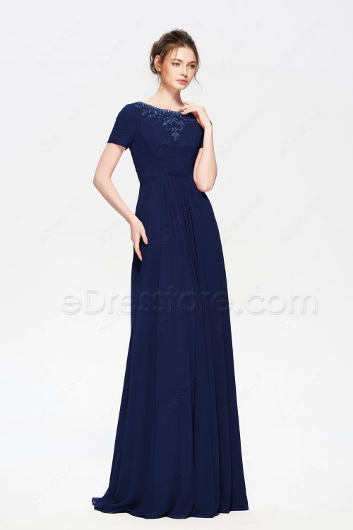 Navy Blue Modest Beaded Bridesmaid Dresses with Sleeves