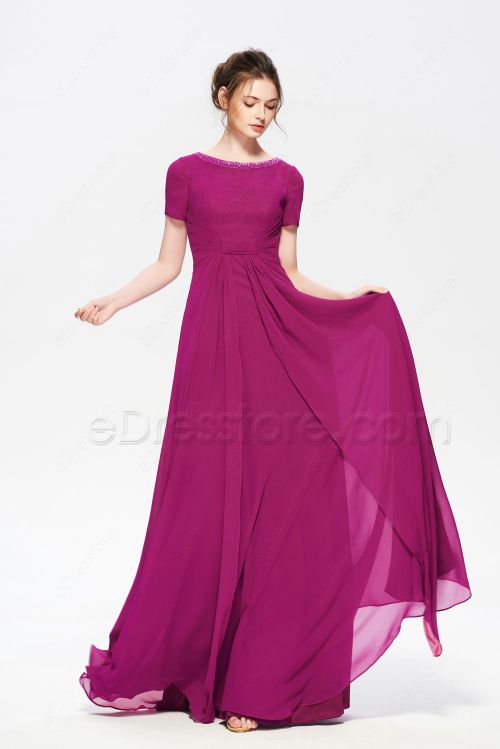 Magenta Modest Long Bridesmaid Dresses with Short Sleeves