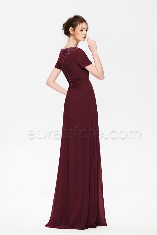 Burgundy Beaded Modest Long Prom Dresses with Sleeves
