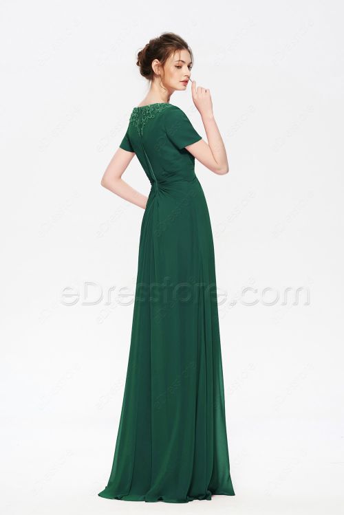 Hunter Green Modest Mother of the Bride Dress with Sleeves Hand Beadings