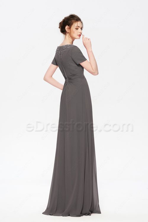 Charcoal Beaded Modest Formal Evening Dresses with Sleeves