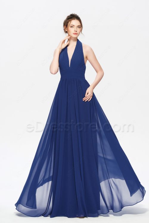 Halter Navy Blue Bridesmaid Dresses Long