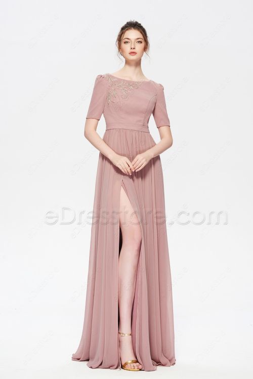 Dusty Rose Modest Beaded Bridesmaid Dress with Slit Short Sleeves