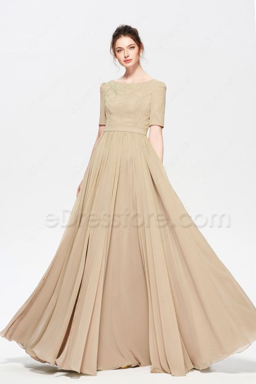 Champagne Modest Beaded Long Evening Dresses with Sleeves
