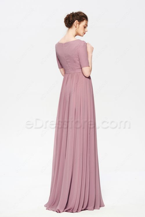 Dusty Rose Color Modest Bridesmaid Dress Elbow Sleeves