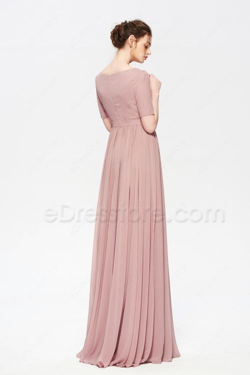 Dusty Rose Modest Beaded Bridesmaid Dress with Slit Short Sleeves