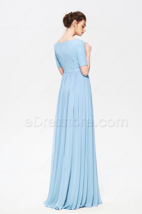 Light Blue Modest Beaded Prom Dress with Slit