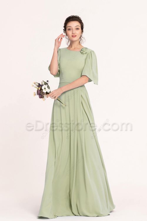Modest Sage Green Bridesmaid Dresses Flutter Sleeves