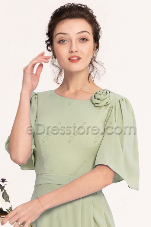 Modest Sage Green Bridesmaid Dresses Flutter Sleeves