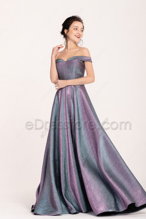 Off the Shoulder Metalic Prom Dresses Two Tone with side pockets