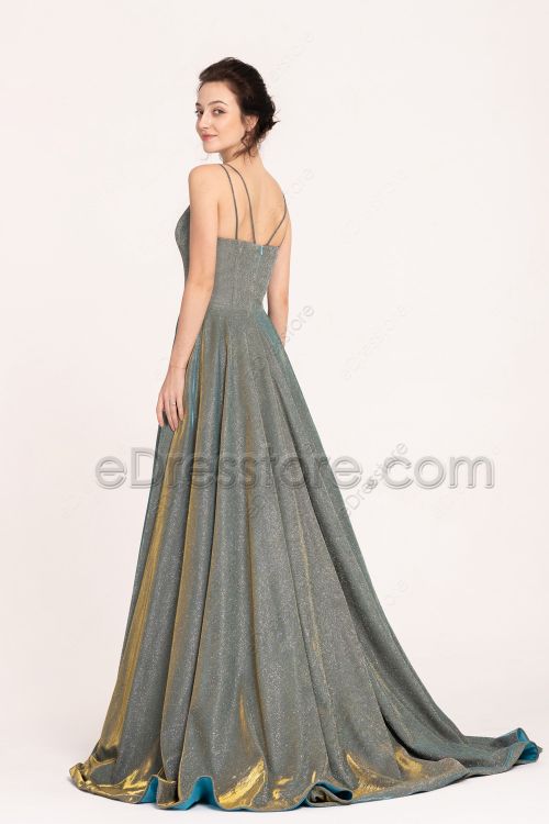 Sparkle Metalic Long Prom Dresses with Slit Spaghetti Straps Side Pockets