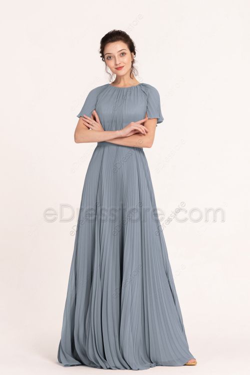 Modest Dusty Blue Bridesmaid Dresses with Short Sleeves