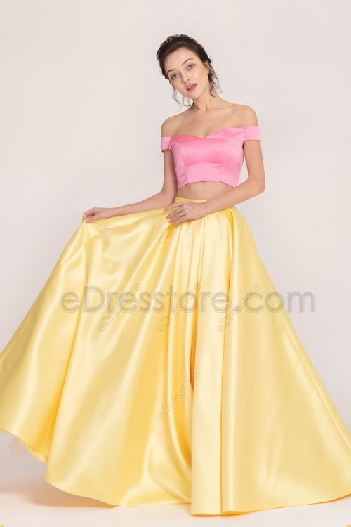 Mix n Match Pink Yellow Long Prom Dresses Ball Gown Two Piece