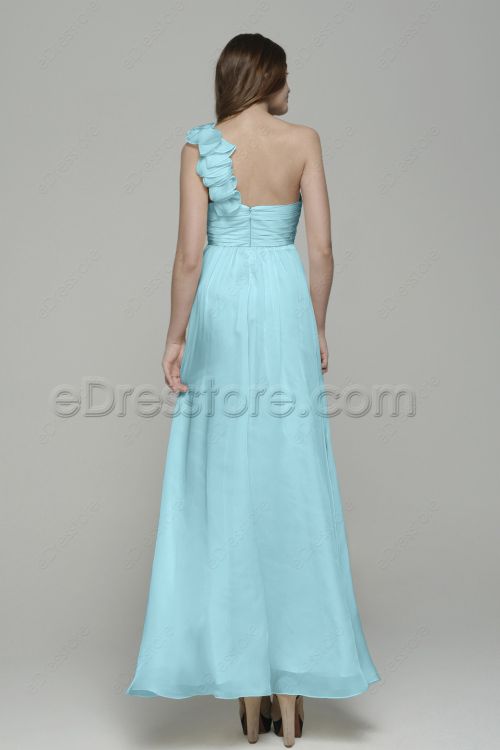 One Shoulder Ruffles Light Blue Prom Dresses with Empire Waist