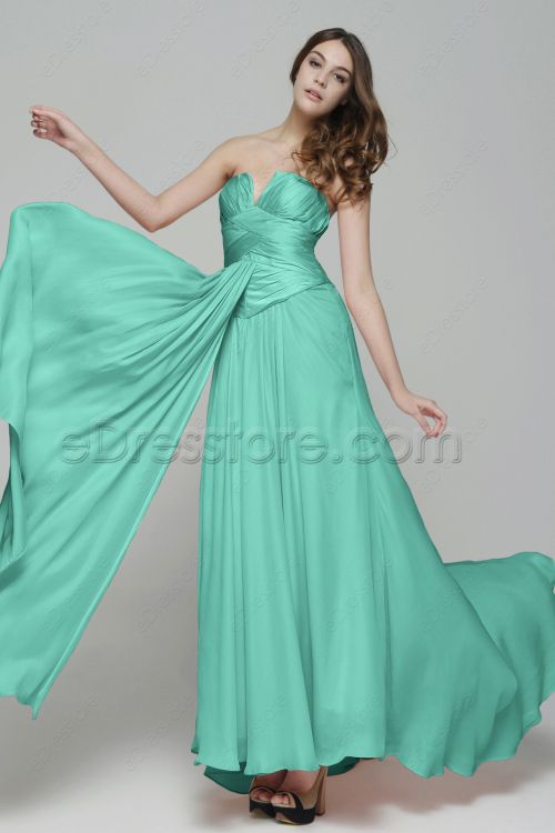 Notched Neckline Mint Green Evening Dresses with Train