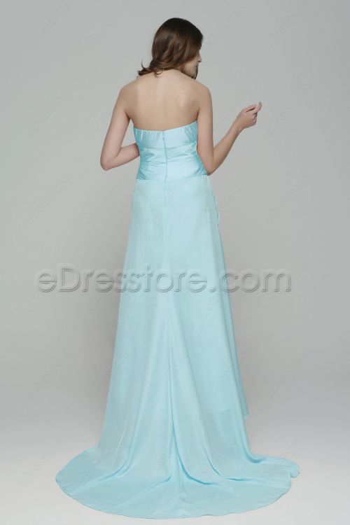 Notched Neckline Frozen Blue Long Prom Dresses with Train