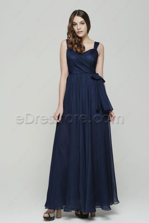 Navy Blue See Through Long Prom Dresses with Wide Straps