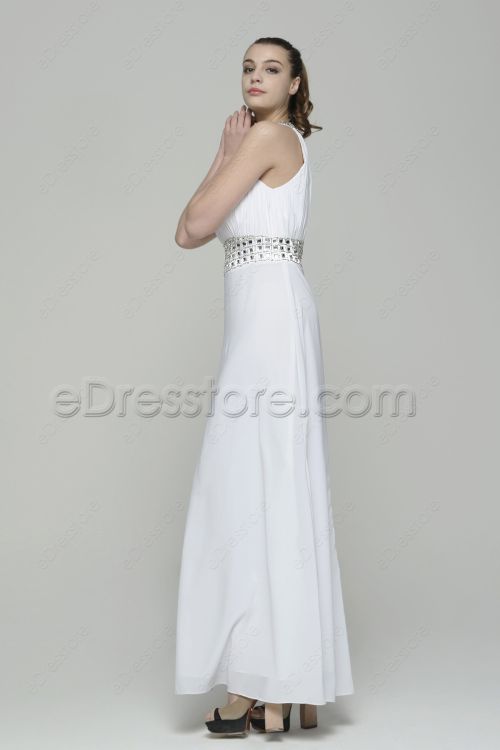 Modest Crystals White Prom Dresses Long