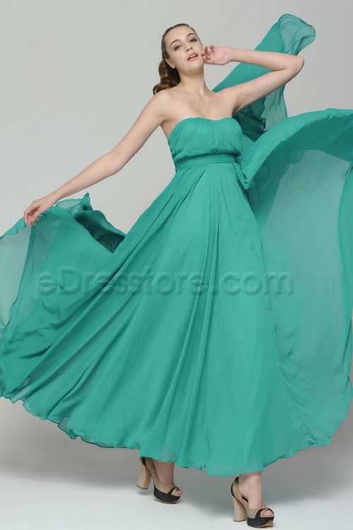 Green Flowing Long Bridesmaid Dresses Dipped Neckline