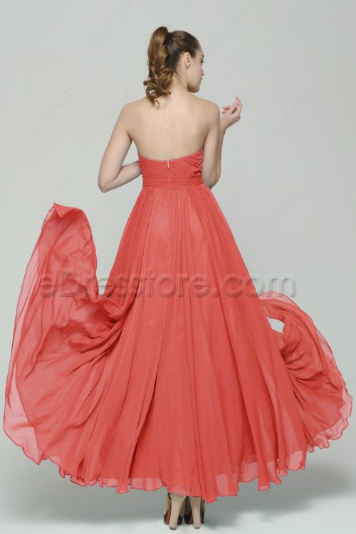 Simple Elegant Strapless Long Coral Prom Dresses