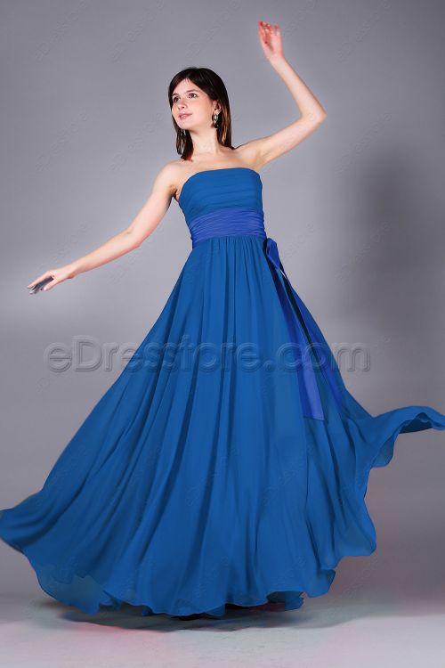 Strapless Royal Blue Long Prom Dresses