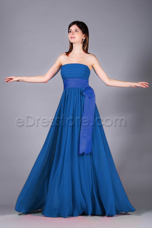 Strapless Royal Blue Long Prom Dresses