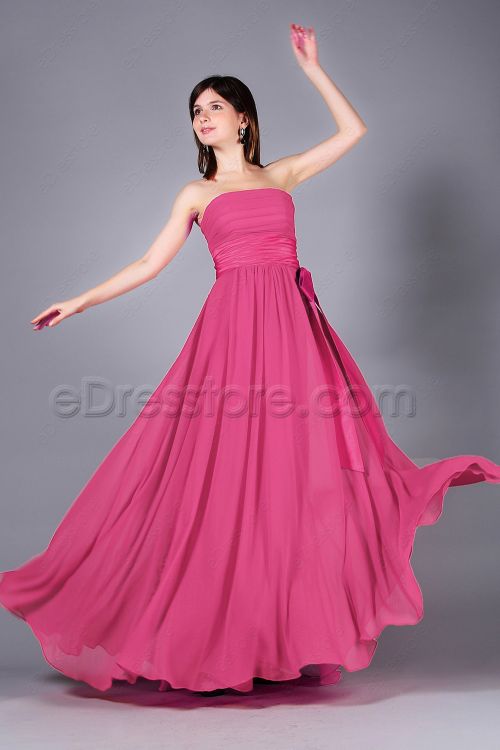 Hot pink bridesmaid dresses with bow and ribbon