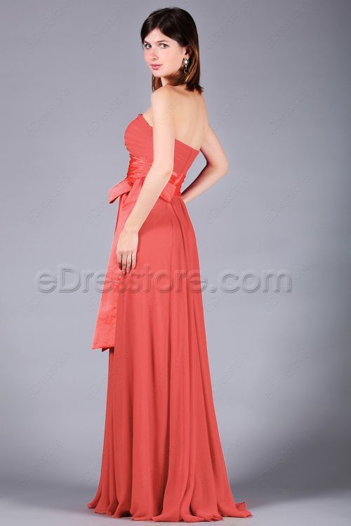 Strapless Coral Chiffon Bridesmaid Dresses with Bow