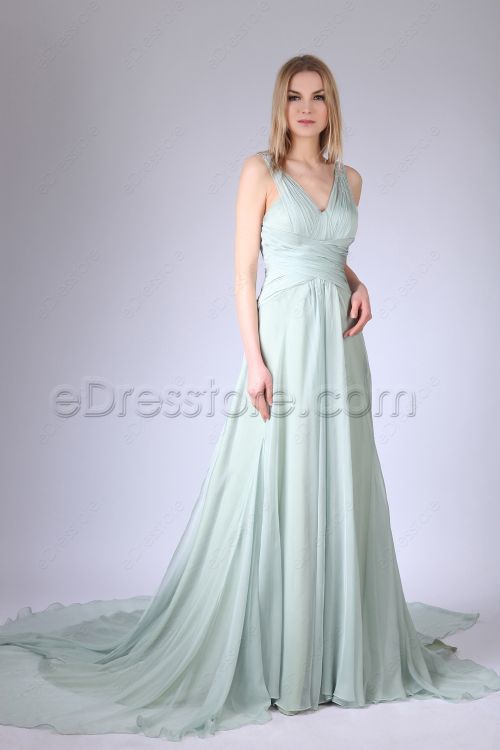 Crystals Pale Green Prom Dresses Long with Train