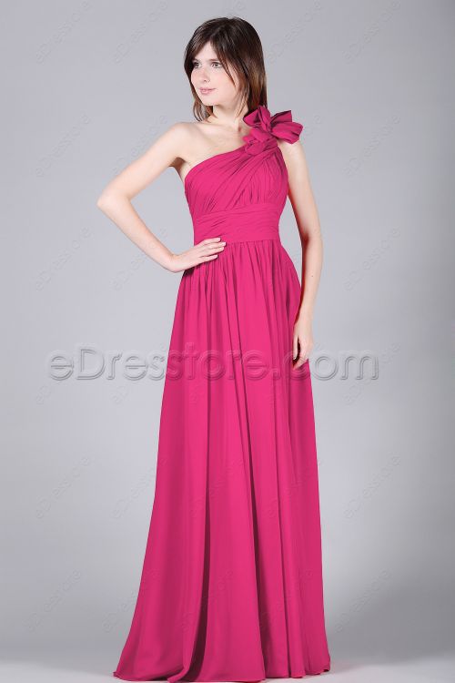 One Shoulder Hot Pink Long Prom Dresses