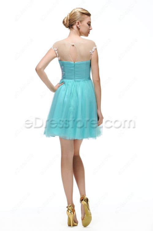 Aqua Blue Short Prom Dresses with White Lace