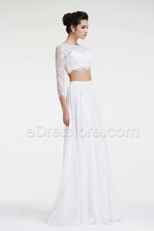 Lace Boho Wedding Dresses Two Piece Beach Wedding Dress Long Sleeves