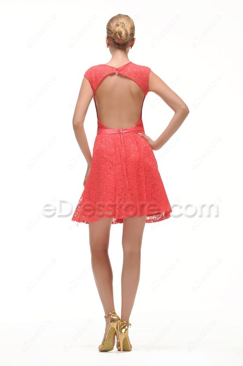 Coral Lace Backless Short Prom Dresses for Homecoming
