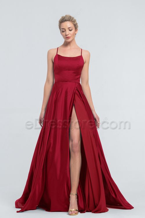 Backless Dark Red Satin Evening Dresses with Slit