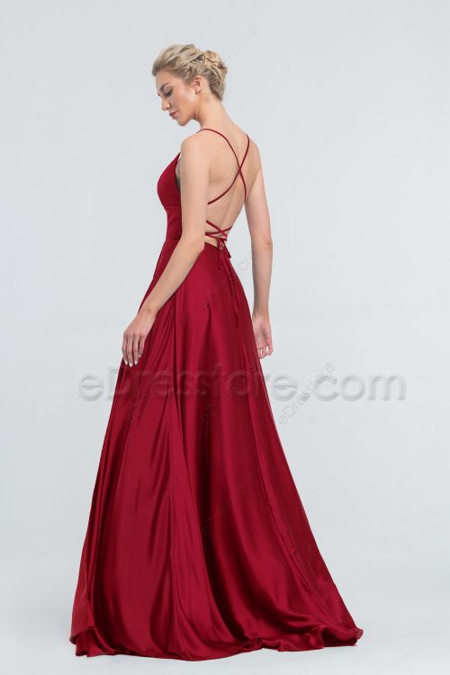 Backless Dark Red Satin Evening Dresses with Slit