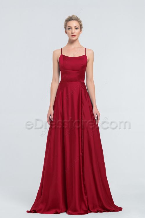 Backless Dark Red Satin Evening Dresses with Slit