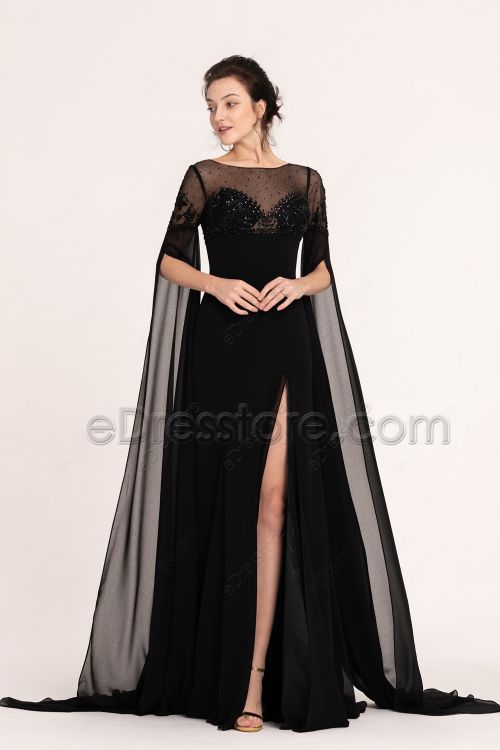 Black Beaded Long Prom Dresses with Slit Cape Sleeves Train