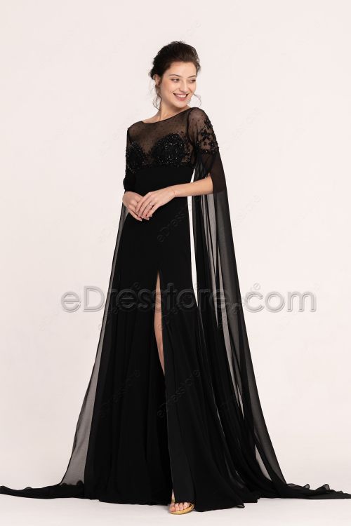 Black Beaded Long Prom Dresses with Slit Cape Sleeves Train
