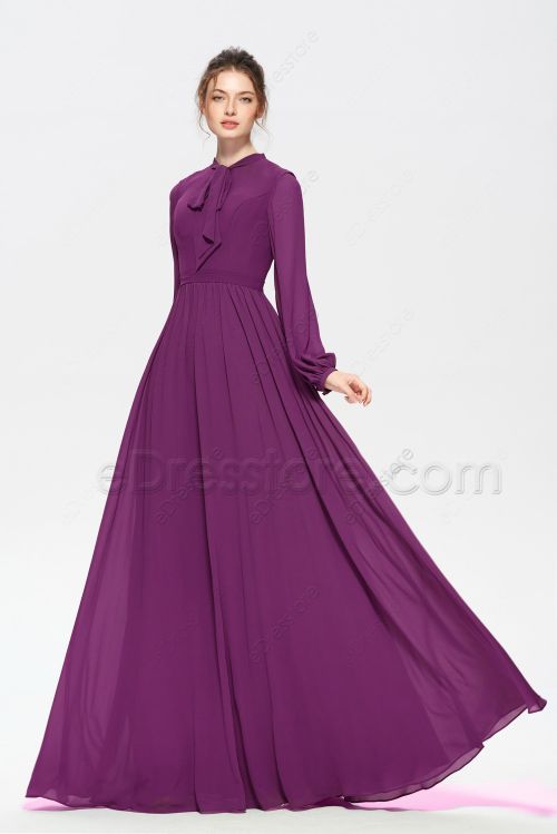 Berry Color Modest Mother of the Bride Dress Long Sleeves