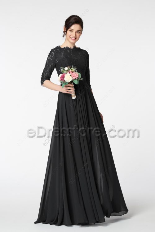 Black Modest LDS Bridesmaid Dresses with Sleeves