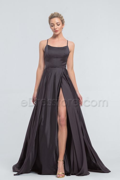 Black Satin Backless Prom Dresses with Slit