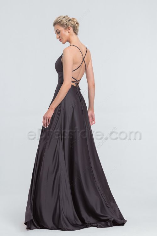 Black Satin Backless Prom Dresses with Slit