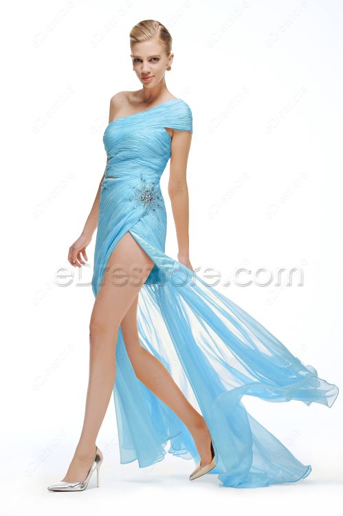 One Shoulder Cut Out Beaded Prom Dress with Slit