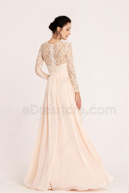 Blush Modest Lace Bridesmaid Dresses Long Sleeves