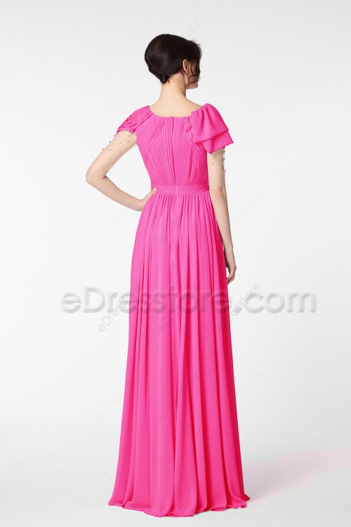 Modest LDS Beaded Hot Pink Bridesmaid Dresses with Sleeves