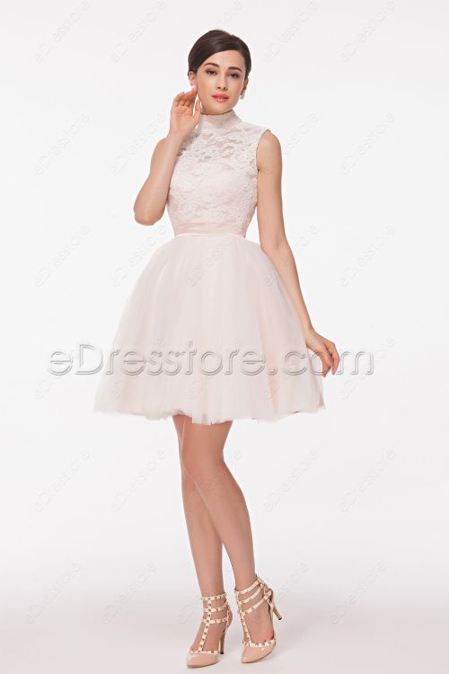 Modest High Neck White Short Prom Dresses Key Hole Back